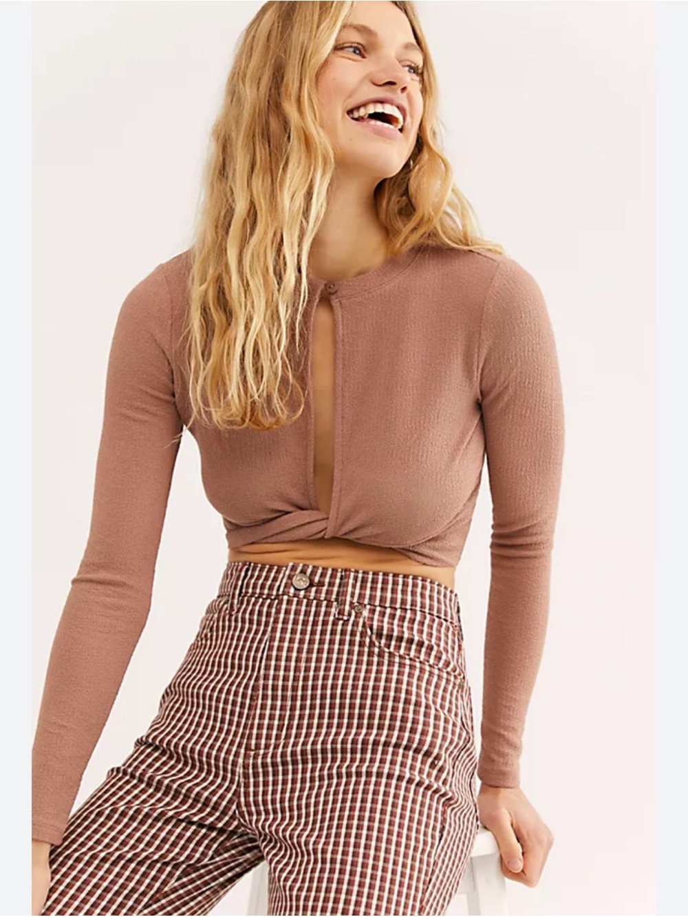Free People Cozumel Long Sleeve Twist Key Whole Front Crop Style Top